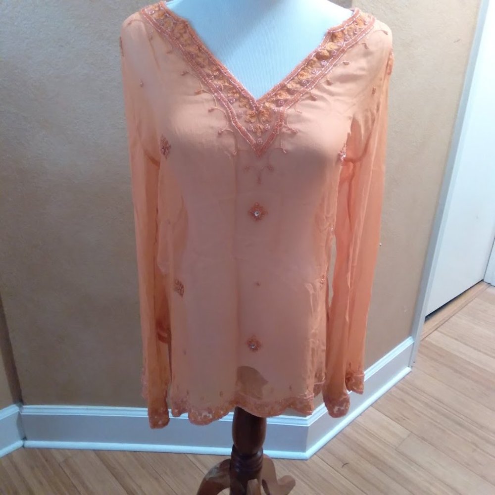 Bloomingdale's Orange Silk Embroidered Blouse Small - NEW!